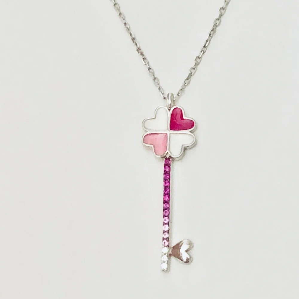 925 Silver pink heart clover key cz necklace